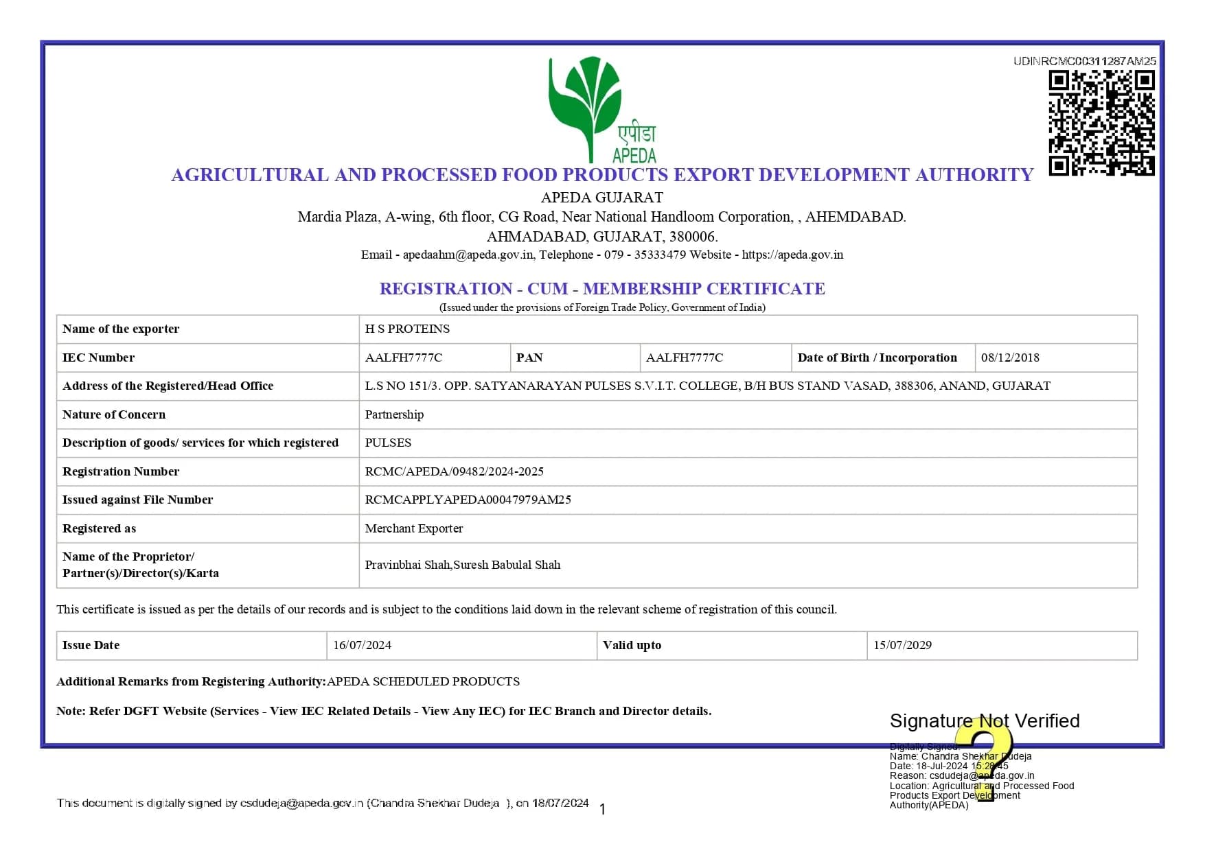 APEDA certificate