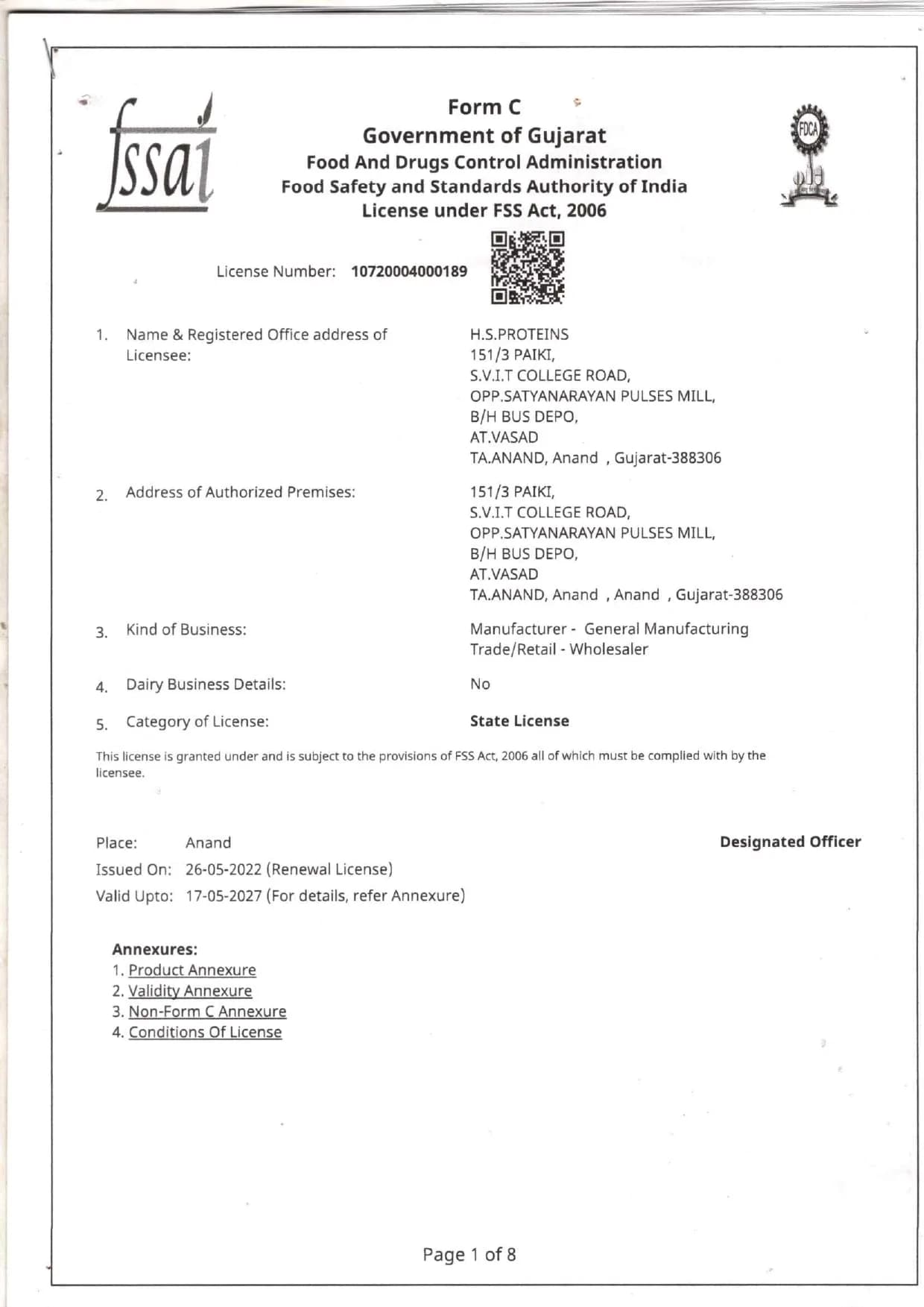 FSSAI Licence certificate