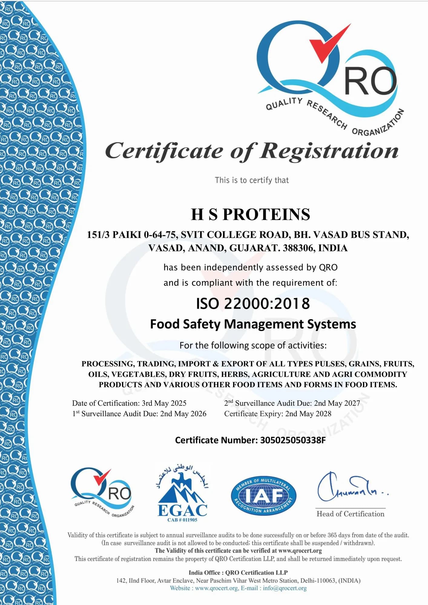 ISO 22000:2018 certificate